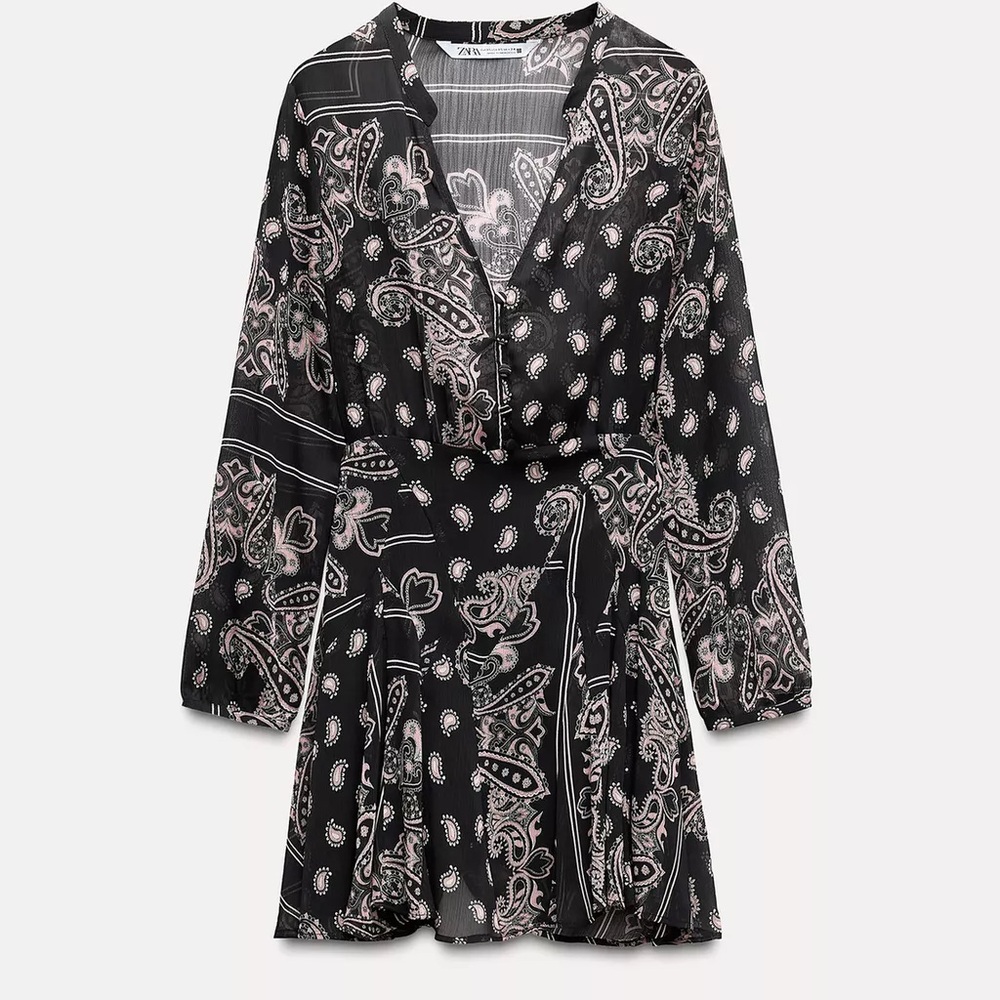 Zara Black and Pink Paisley Dress - XS